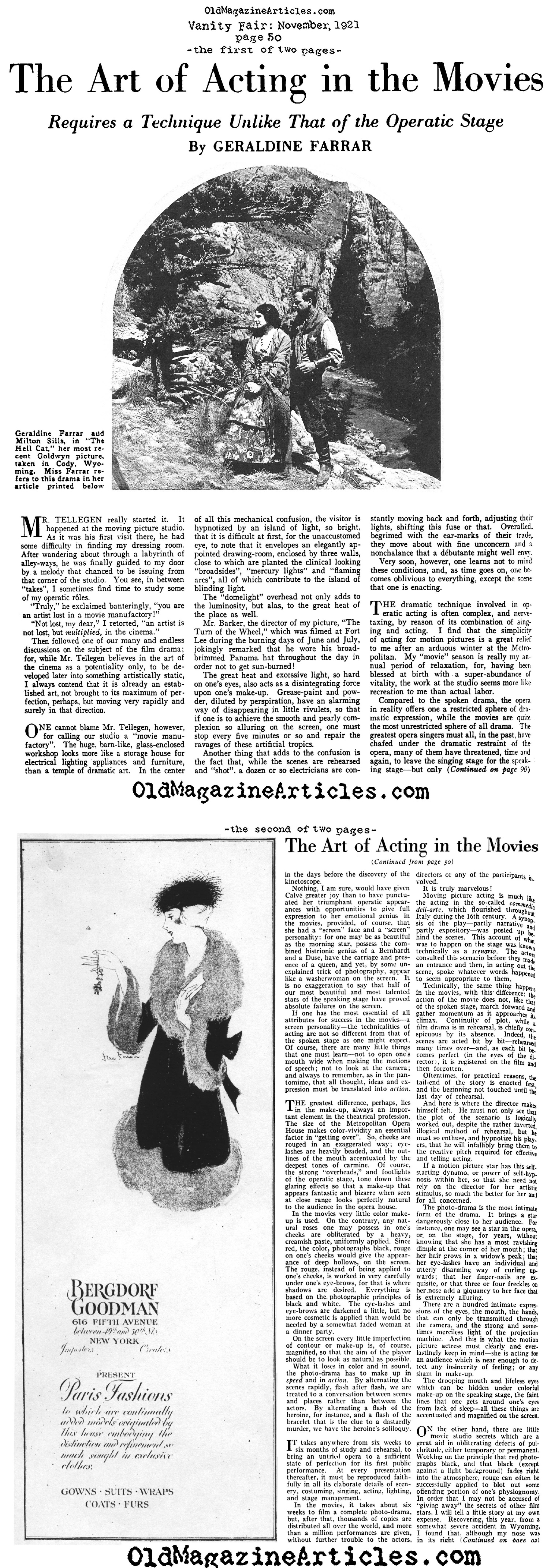 Geraldine Farrar on Acting in the Silent Movies (Vanity Fair, 1921)